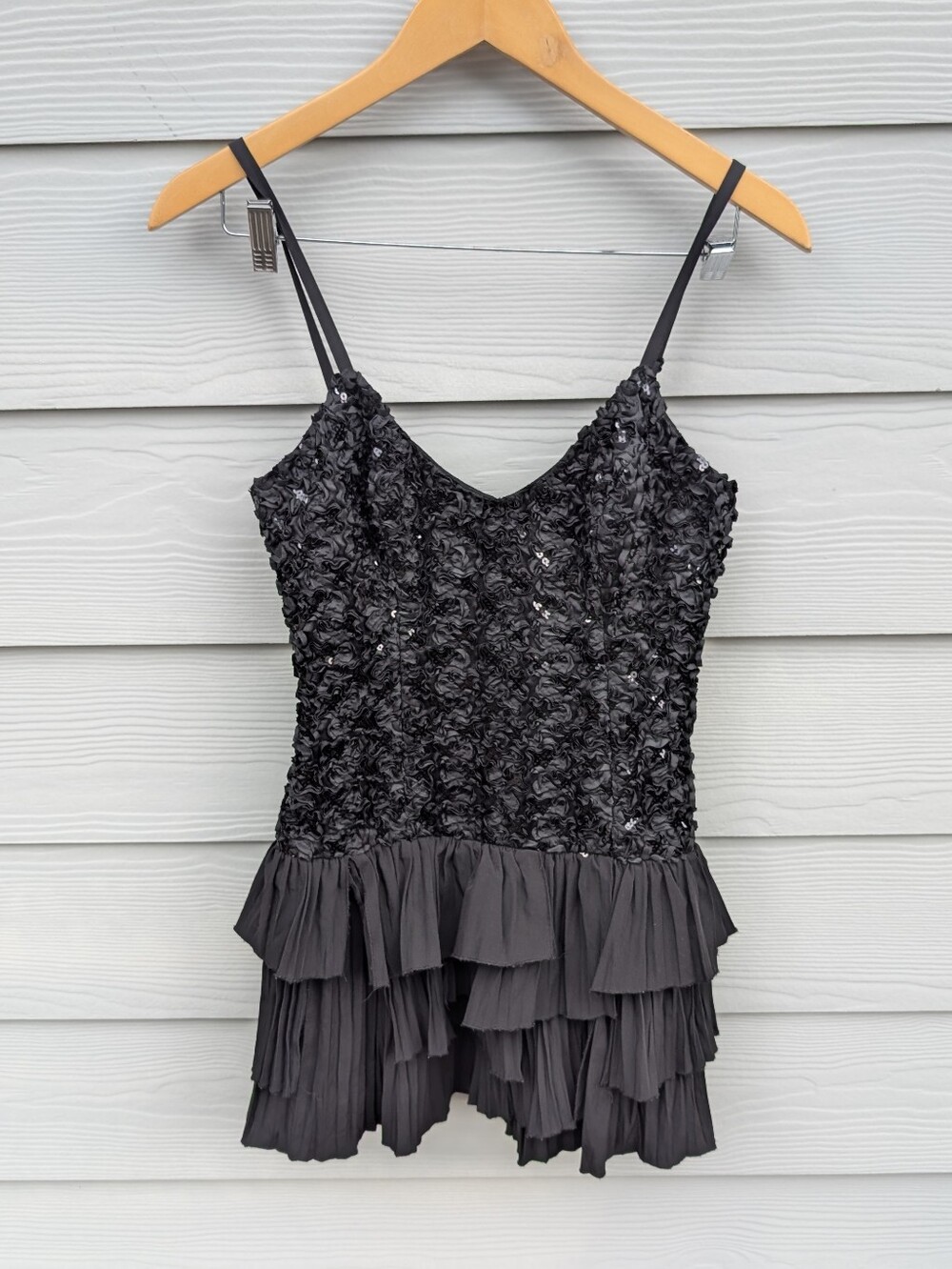 Bebe Dress Size S Black Y2K Drop Waist Ruffle Skirt Emballished Mini Bodycon
